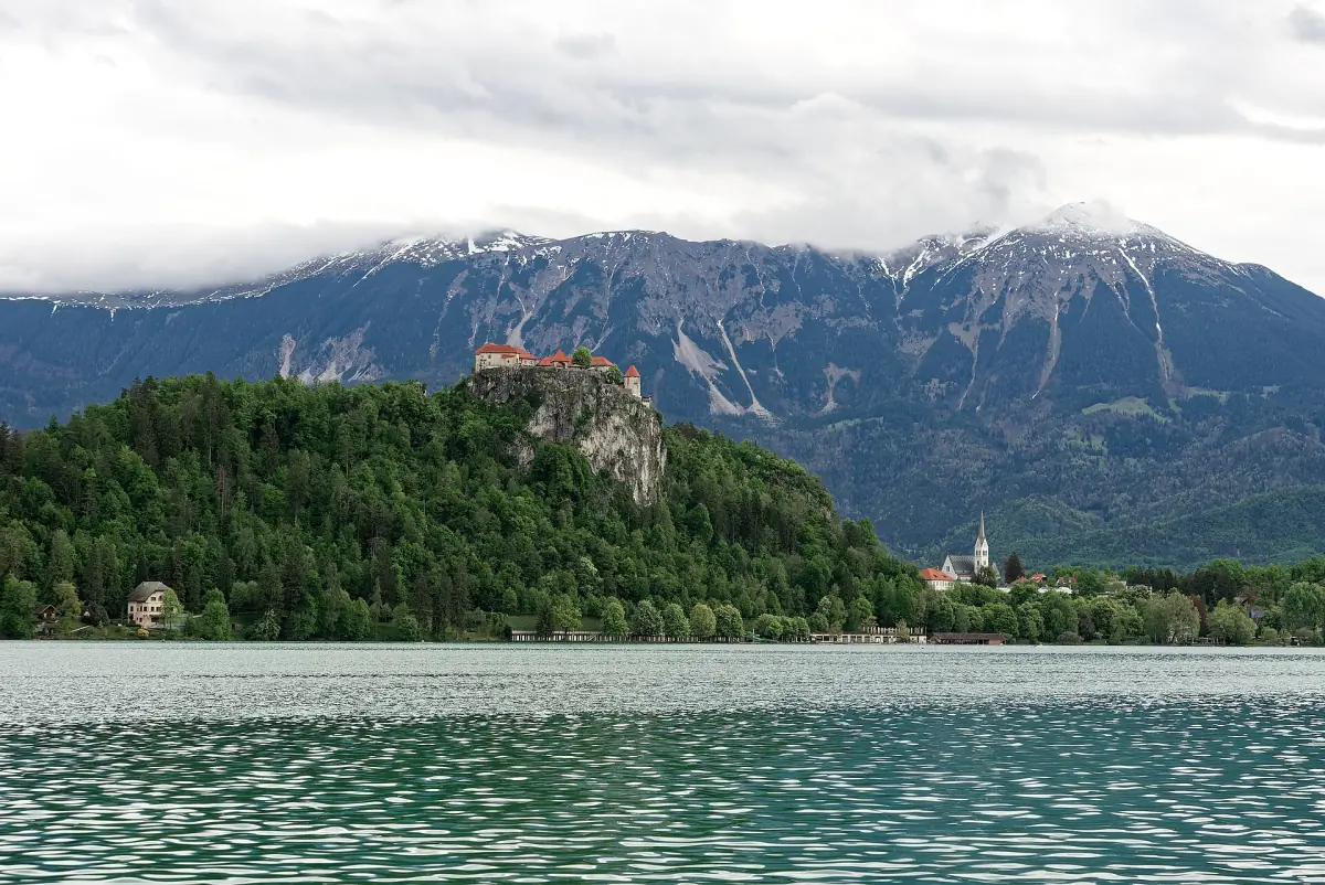 The cliff of Bled Castle seen from the water