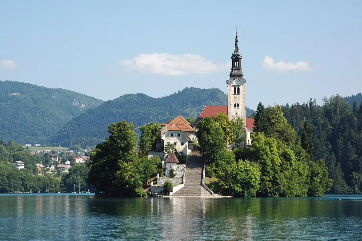 Bled Island from the south with the stone staircase