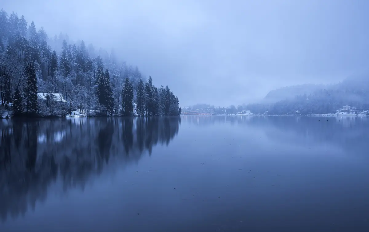Lake Bled on a foggy winter day