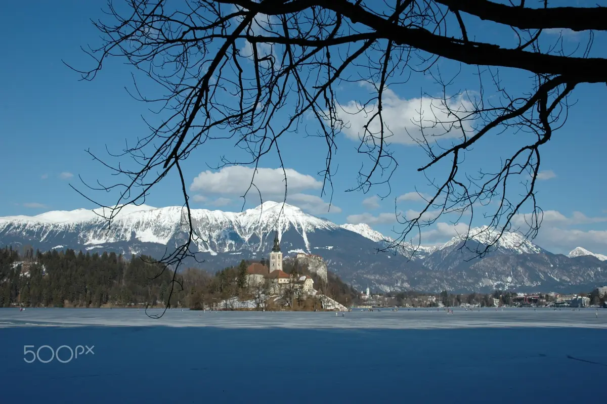 Frozen Lake Bled with the island and snowy mountains