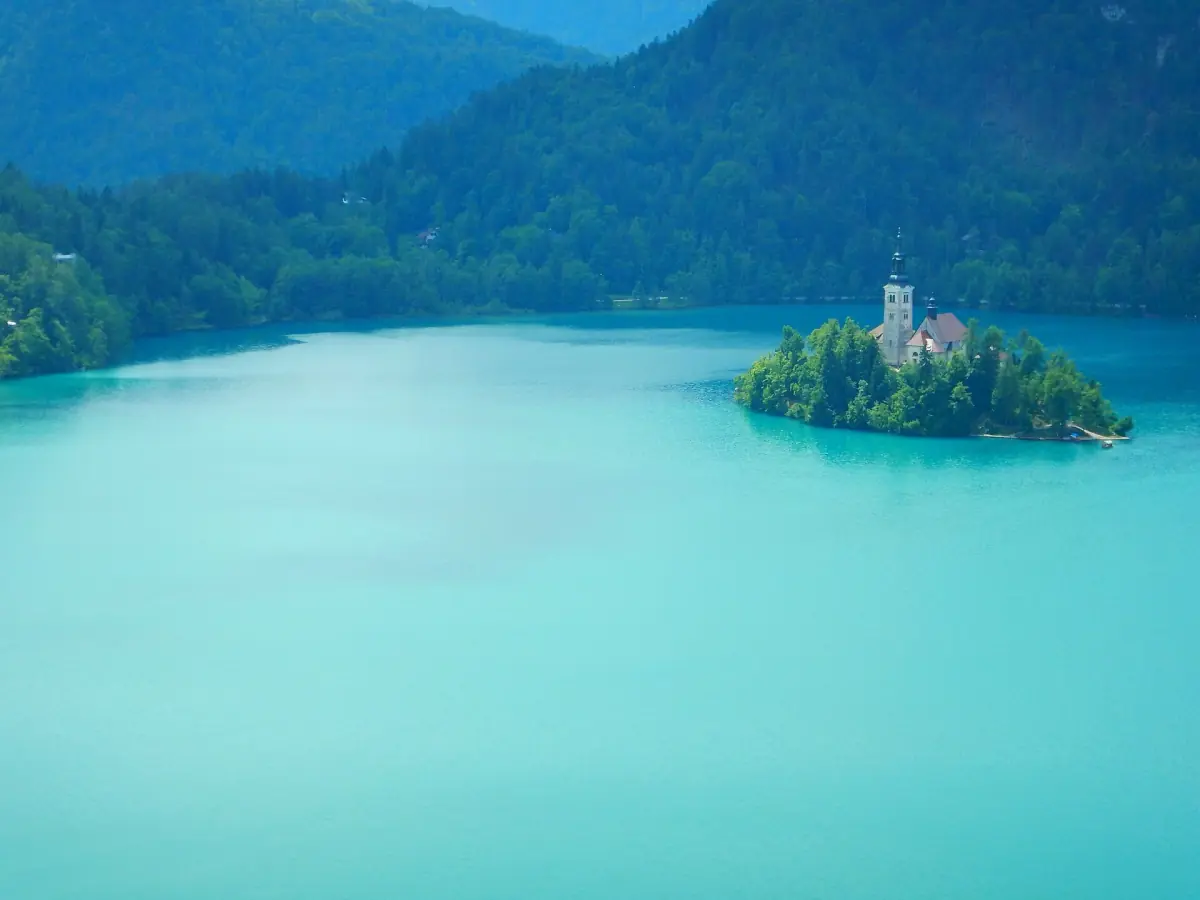 Turquoise water around Bled Island