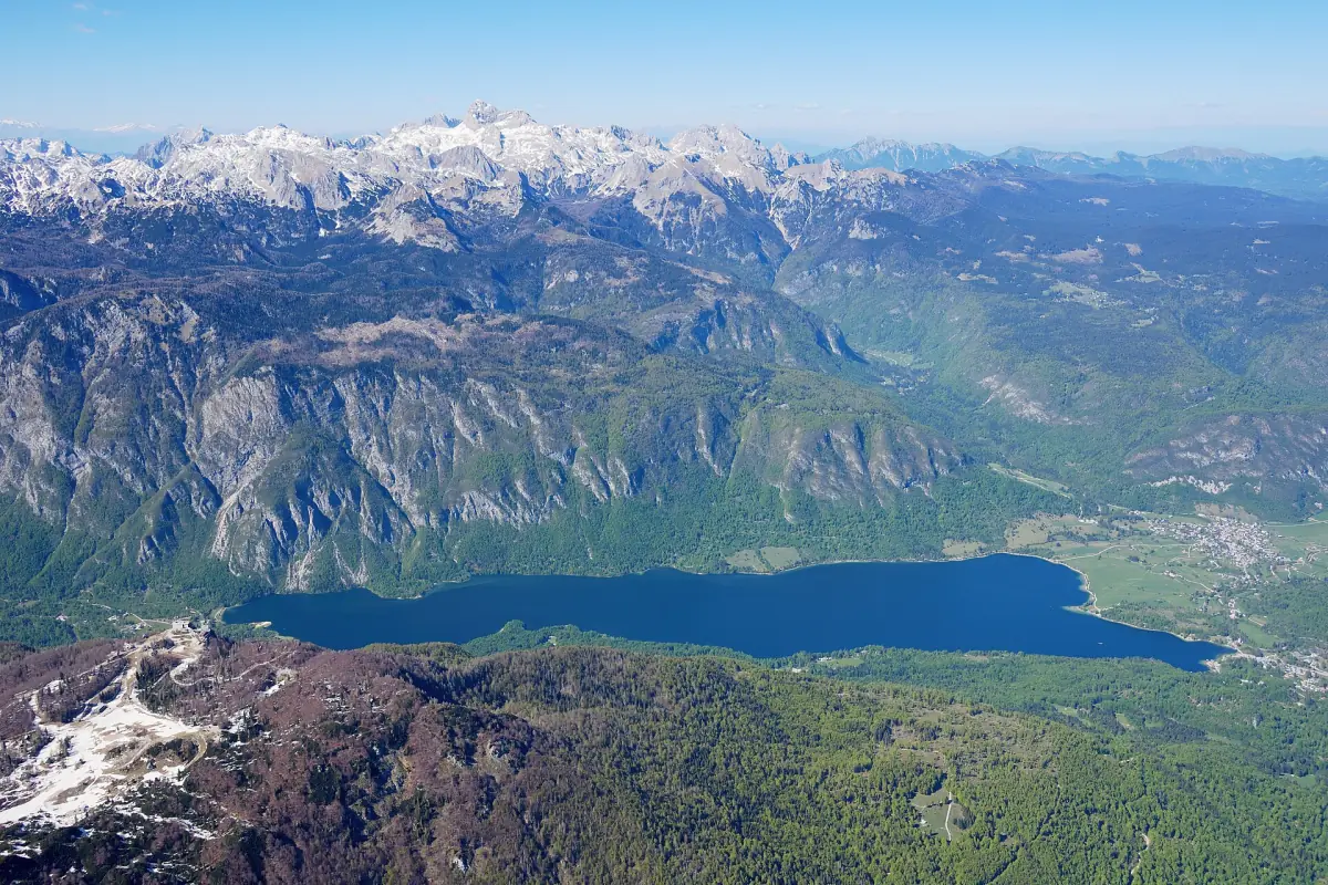 Aerial view of Lake Bohinj from the south