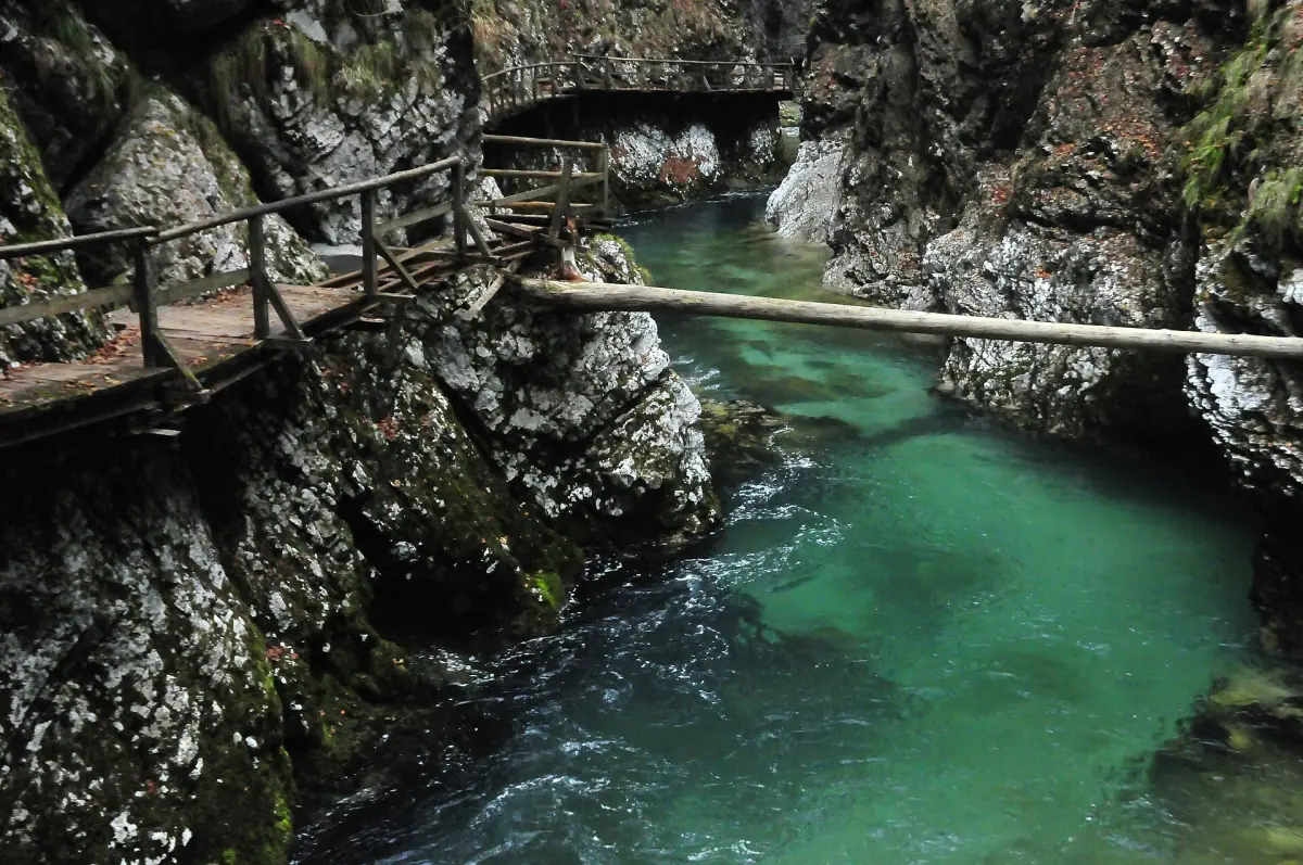 Wooden walkway and bridge in Vintgar Gorge
